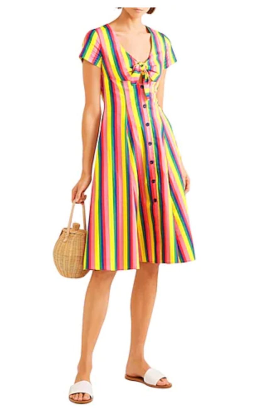 STAUD Alice Tie-front Striped Stretch-cotton Poplin Dress In Pink Stripe